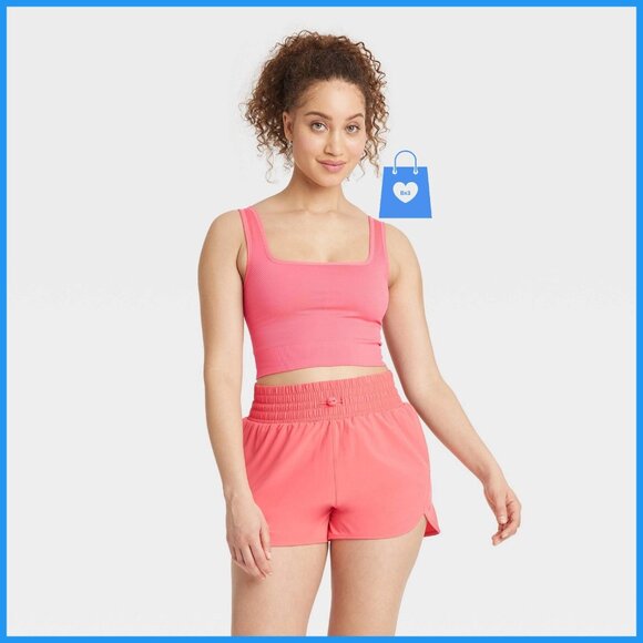 2X - Womens Seamless Square Neck Cropped Tank Top - All In Motion - Coral Pink - Picture 2 of 9